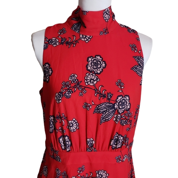 Eliza J Red Floral Print Mini Dress Size 14 Mock Neck Open Back Bow Feminine - Picture 2 of 15